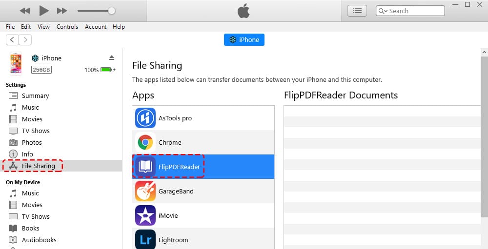 Обмен файлами Flip PDF Reader в iTunes